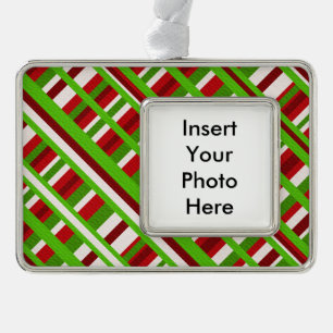 Christmas Plaid Diagonal Silver Plated Framed Ornament