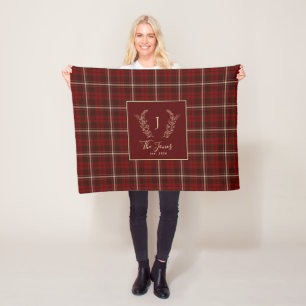 Christmas plaid family monogram name burgundy fleece blanket