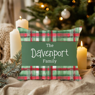 Christmas Plaid Family Name Cushion
