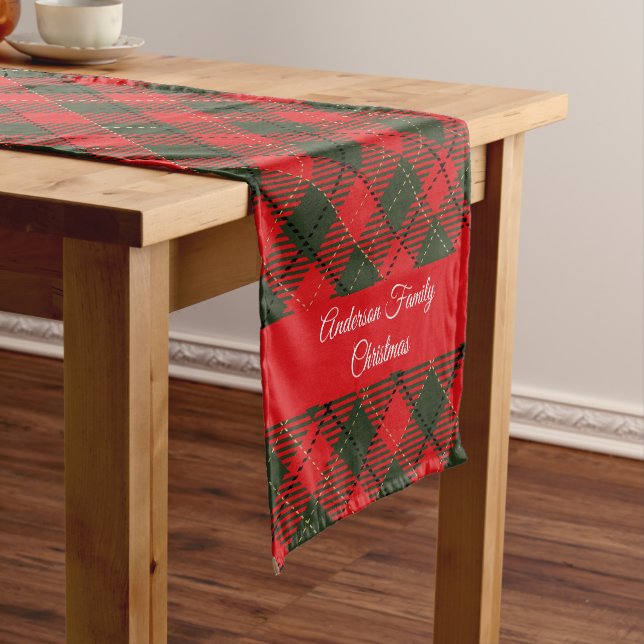 Christmas Plaid Family Name or Custom Text  Short Table Runner (In Situ)