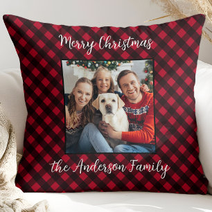 Christmas Plaid Family Personalised Modern Photo  Cushion