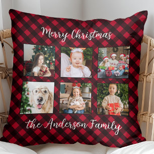 Christmas Plaid Family Personalised Photo Collage Cushion