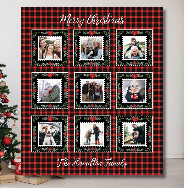 Christmas Plaid Family Photo  Fleece Blanket (Family Photo Holiday Blanket
Custom Red Buffalo Plaid)