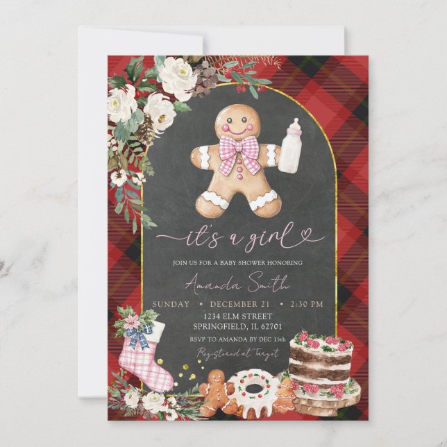 Christmas Plaid Gingerbread Baby Shower Girl Invitation (Front)