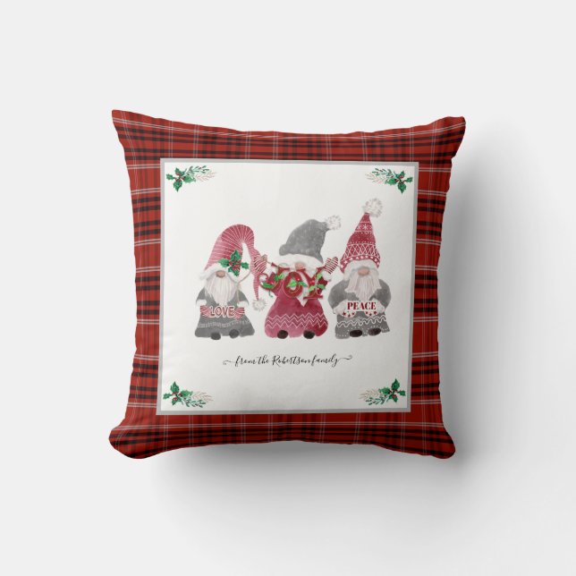 Christmas Plaid Gnome Love Joy Peace Holly Berry Cushion (Front)