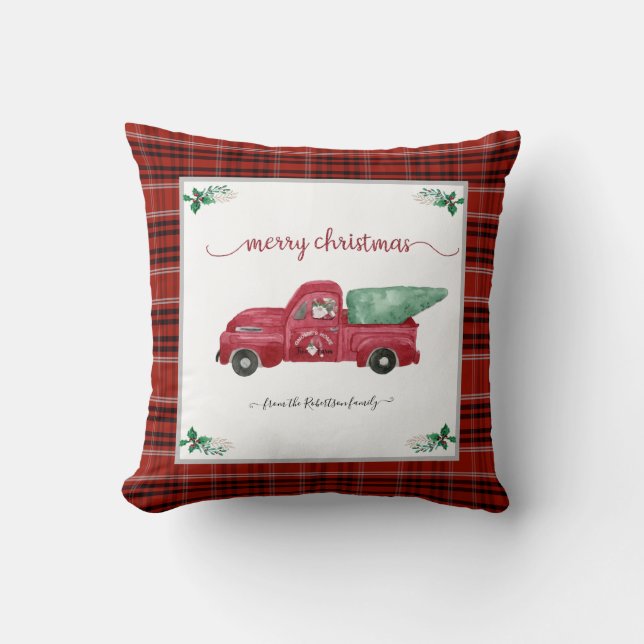 Christmas Plaid Gnome Tree Farm Red Truck Cushion (Front)