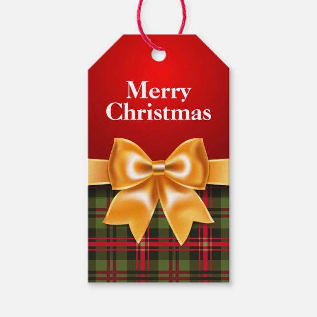 Christmas Plaid Gold Bow Gift Tag (Front)