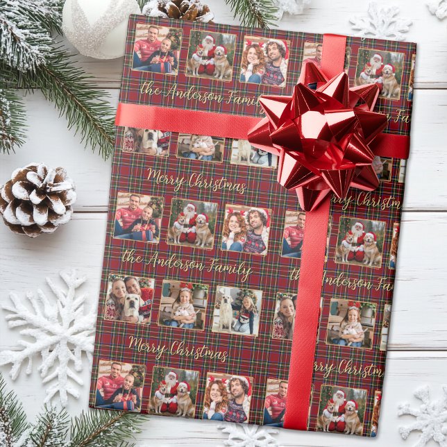 Christmas Plaid Gold Custom Family 6 Photo Collage Wrapping Paper (Creator Uploaded)