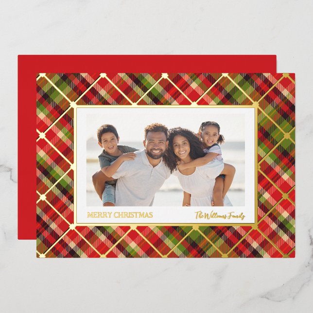 Christmas Plaid Gold  Foil Holiday Card (Front/Back)