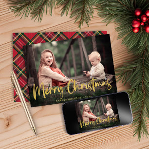 Christmas Plaid Gold Foil Script Holiday Photo