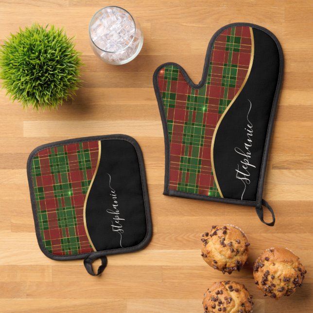 Christmas Plaid Gold Personalised Oven Mitt & Pot Holder Set (Top Down)