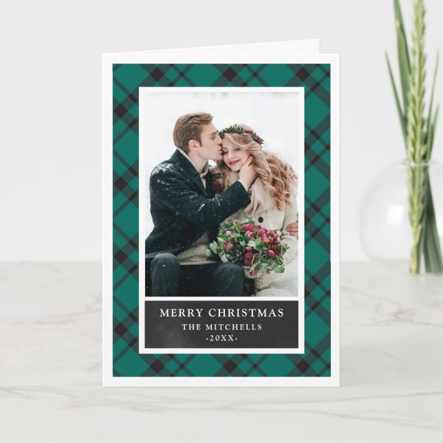 Christmas Plaid | Green and Black Photo Holiday Card (Front)
