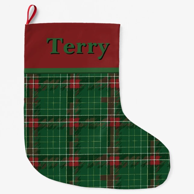 Christmas Plaid Green and Red Large Christmas Stocking (Front)