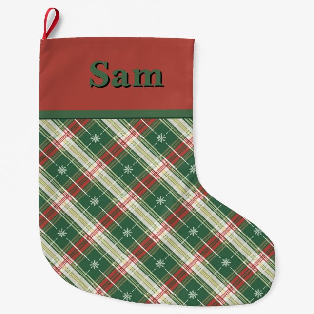 Christmas Plaid Green and White Large Christmas Stocking (Front)