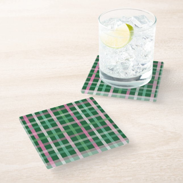 Christmas Plaid - Green & Pink Glass Coaster (Angled)