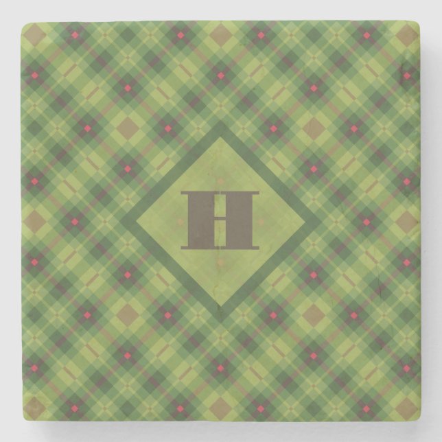 Christmas Plaid Green Preppy Monogram Stone Coaster (Front)