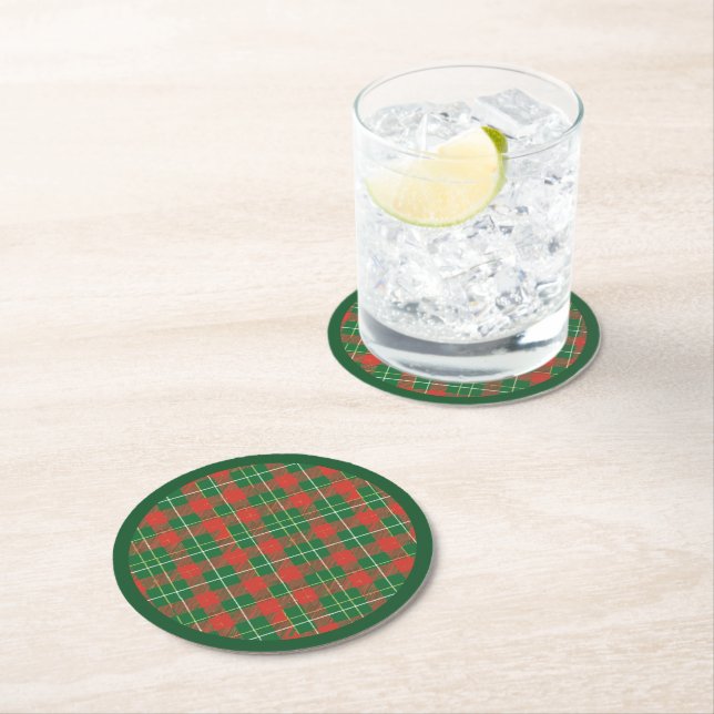 Christmas Plaid Green, Red, Gold, White Round Paper Coaster (Insitu)