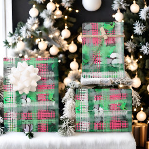 Christmas plaid green red grey glitter sequins wrapping paper sheet