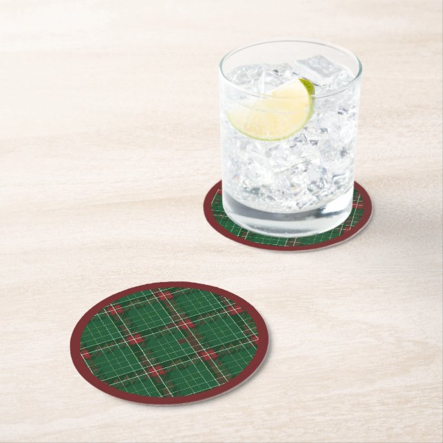 Christmas Plaid Green, Red Round Paper Coaster (Insitu)