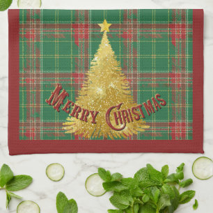 Christmas Plaid Green, Red with Gold Tree Tea Towel