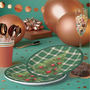 Christmas Plaid Green, White, with Red, Gold Paper Plate