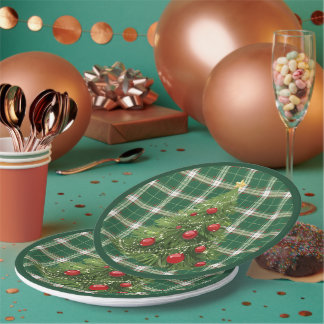 Christmas Plaid Green, White, with Red, Gold Paper Plate