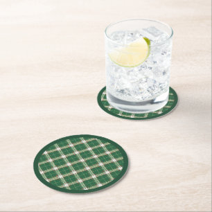 Christmas Plaid Green, White, with Red, Gold Round Paper Coaster