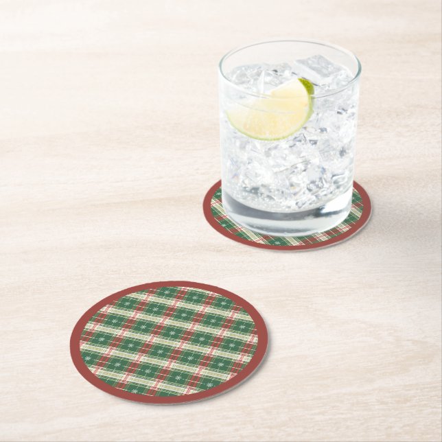 Christmas Plaid Green, White, with Red Round Paper Coaster (Insitu)