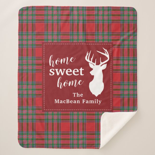 Christmas Plaid Holiday Home Sweet MacBean Tartan Sherpa Blanket (Front)