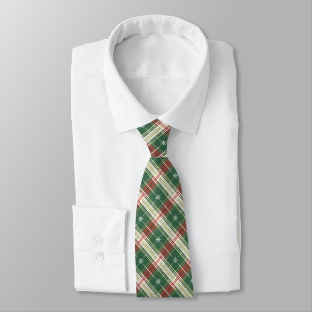 Christmas Plaid in White, Green, Red Tie (Tied)