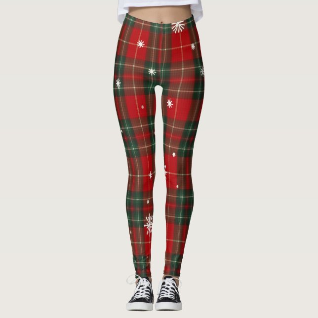 Christmas Plaid Leggings with Snowflakes (Front)