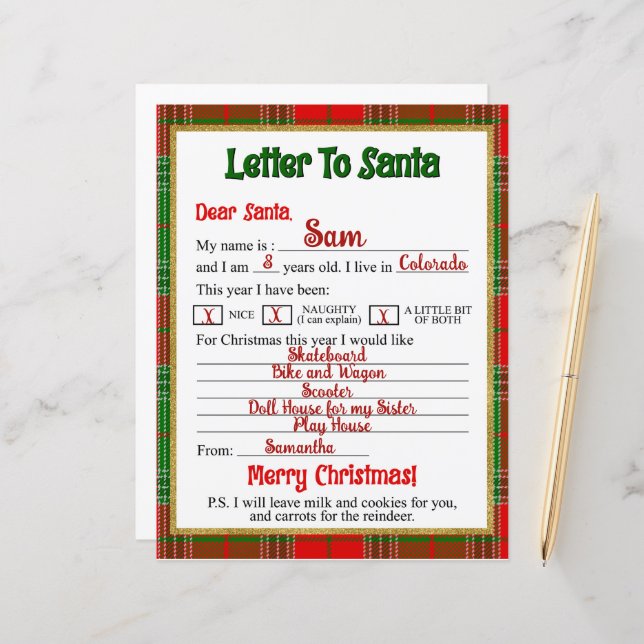 Christmas Plaid Letter to Santa Claus  (Front/Back In Situ)