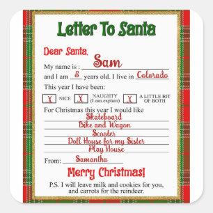 Christmas Plaid Letter to Santa Claus  Square Sticker
