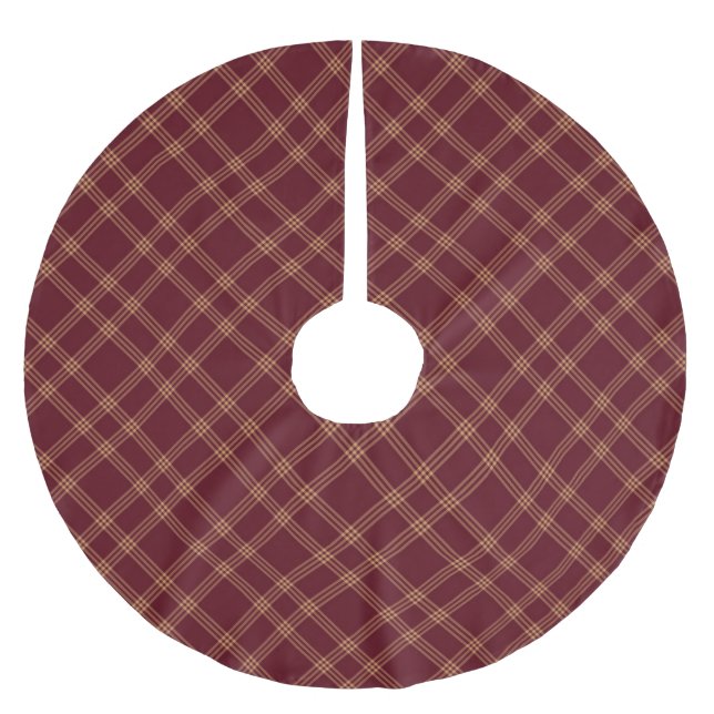Christmas plaid maroon wine gold diagonal pattern brushed polyester tree skirt (Front)