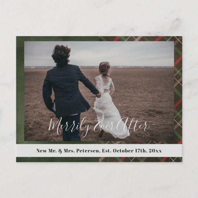 Christmas plaid Merrily Ever After photo thank you Postcard (Front)