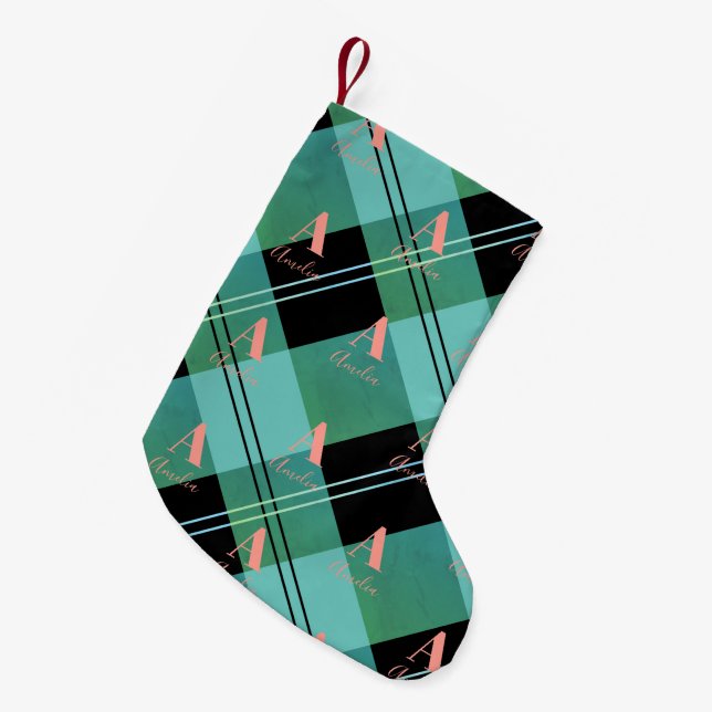 Christmas Plaid Monogram Green Pink Small Christmas Stocking (Front (Hanging))