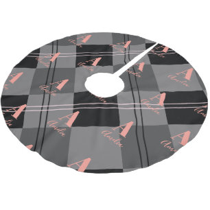 Christmas Plaid Monogram Grey Black Pink Brushed Polyester Tree Skirt