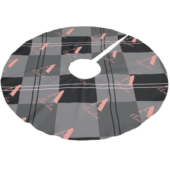 Christmas Plaid Monogram Grey Black Pink Brushed Polyester Tree Skirt (Angled)