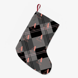 Christmas Plaid Monogram Grey Black Pink Small Christmas Stocking