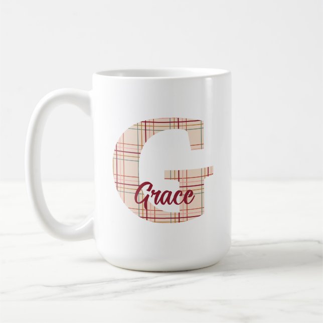 Christmas plaid monogram personalised coffee mug (Left)