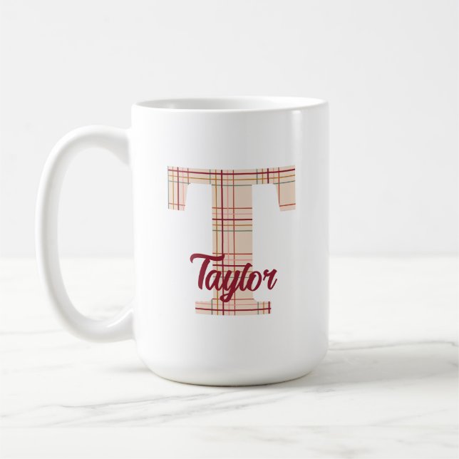 Christmas plaid monogram personalised coffee mug (Left)