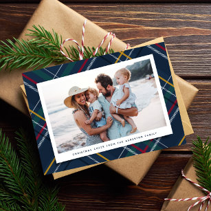 Christmas plaid one photo classic navy holiday card