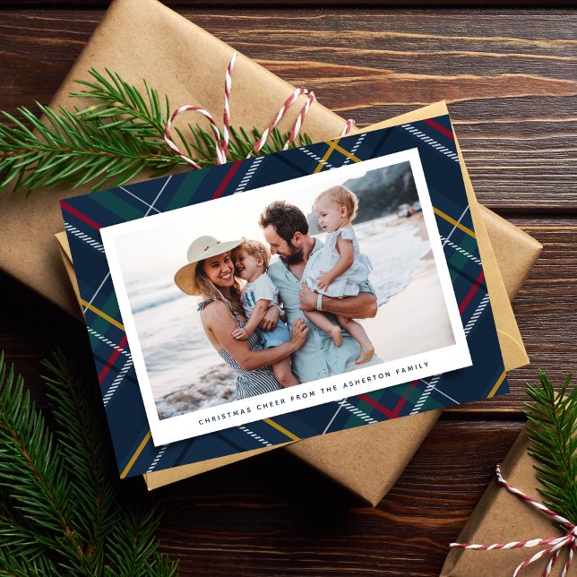 Christmas plaid one photo classic navy holiday card (Creator Uploaded)