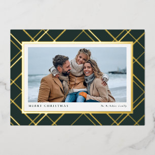 Christmas plaid one photo green gold classic foil holiday card