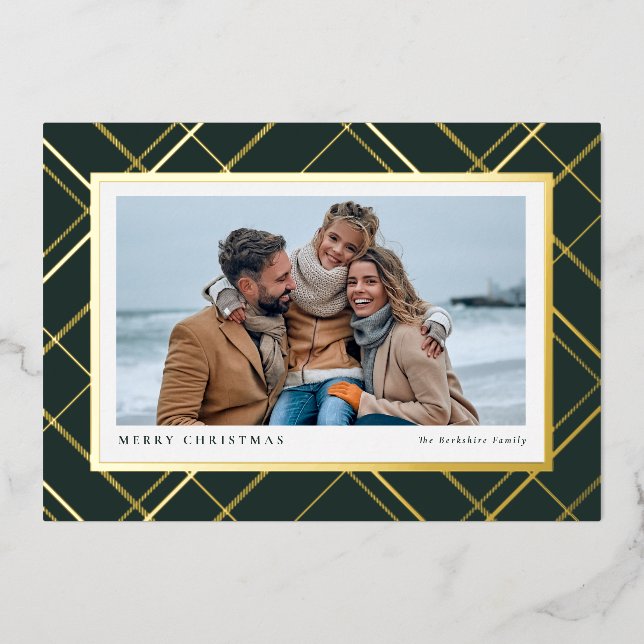 Christmas plaid one photo green gold classic foil holiday card (Front)