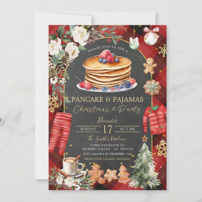 Christmas Plaid Pancake Pyjamas Floral Christmas Invitation (Front)