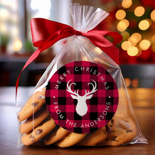 Christmas Plaid Pattern and Deer Classic Round Sticker
