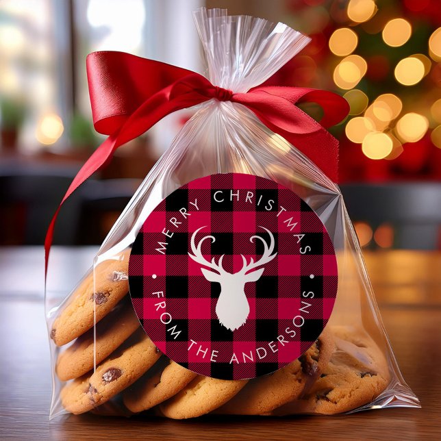 Christmas Plaid Pattern and Deer Classic Round Sticker (Creator Uploaded)