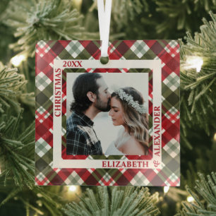 Christmas Plaid Photo Glass Tree Decoration