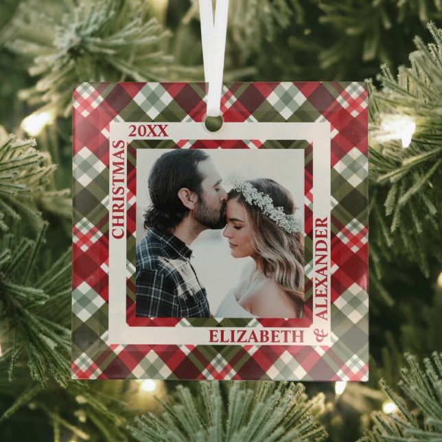 Christmas Plaid Photo Glass Tree Decoration (Insitu)